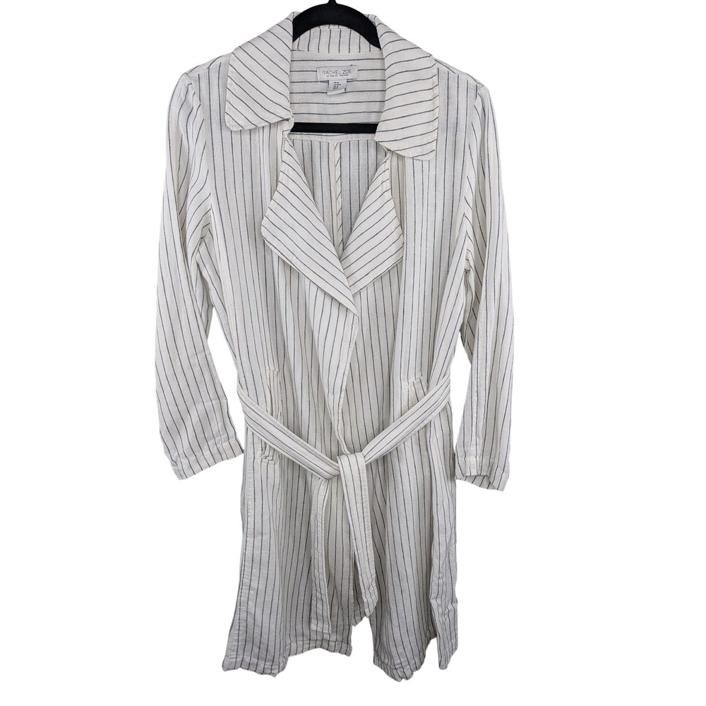 Rachel Zoe‎ Women Striped Duster Jacket Size M Cream Black Tie Waist 100% Linen